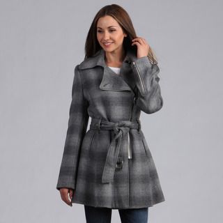 Kenneth Cole Womens Belted Zip Front Ombre Plaid Coat