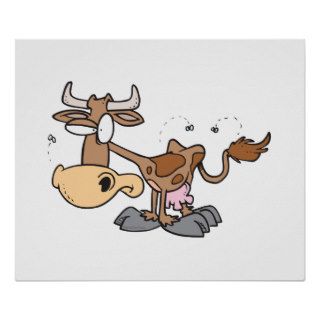 silly cute brown cow bugged by flies cartoon poster