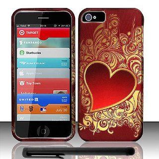 Apple iPhone 5 (New 4G LTE for All Carrier) Golden Red Heart Glow Design Snap On Hard Case + Bonus Black Capacitive Stylus + LONG ARCH 5.5 inch Light Blue Screen Cleaning Cloth: Cell Phones & Accessories