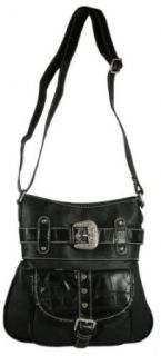 Western Style Faux Leather Cross Body Bag with Moc Croc Trim and Bling Rhinestone Buckle   Messenger Style Purse Available in 3 Colors (Black) Clothing
