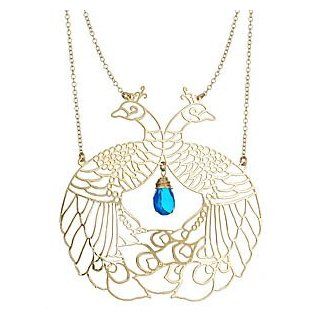 Kris Nations 14K Gold Plated Large Peacock Pendant Necklace With A Capri Blue Swarovski Crystal: Jewelry