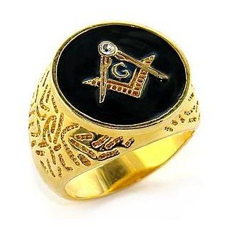 MENS RING   Gold Tone Dome Style Detailed Band Round Masonic CZ Ring: Jewelry