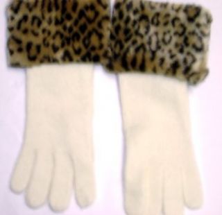 Ivory Color Angora Wool Gloves Hand Trimmed with Fluffy Leopard Print Fur Cuff for Women and Teens at  Womens Clothing store: Cold Weather Gloves