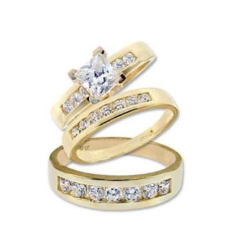 14k Yellow Gold, Trio Three Piece Wedding Ring Set Princess Lab Created Gems: Jewelry