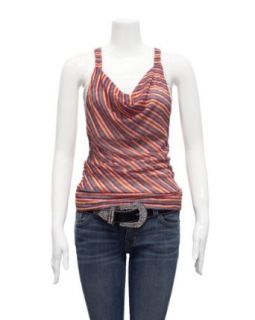 Ladies Orange Red Blue White Striped Double Layered Knit Top Inner Lining