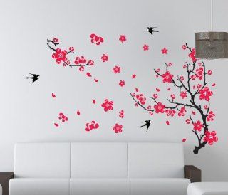 YYone Plum Blossom Red Flowers Tree Branch Swallows Art Wall Mural Home Decor Wall Sticker  