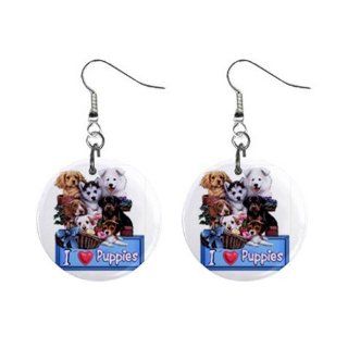 I Love Pups Dog Dangle Earrings Jewelry 1 Inch Metal Buttons 13248049: Jewelry