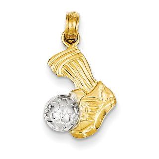 14k Gold Two tone Soccer Ball and Foot Kicking Pendant Jewelry