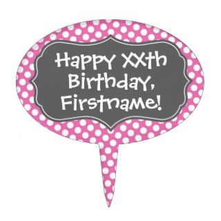 Happy Birthday with Polka Dot Pattern   pink gray Cake Toppers