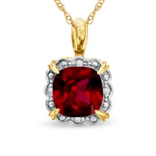 0mm Cushion Cut Garnet and Diamond Accent Frame Pendant in 10K Gold