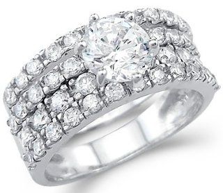 Solid 14k White Gold Ladies CZ Cubic Zirconia Engagement Wedding Ring Set Round Cut 3.0 ct: Jewelry