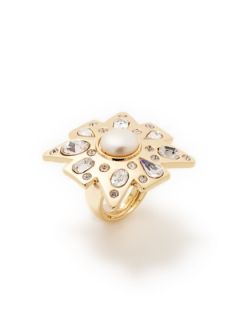 Gold, Crystal, & Pearl Starburst Ring by Kenneth Jay Lane