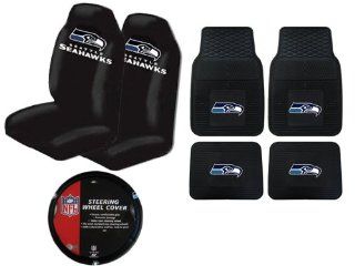 A Set of 4 NFL Universal Fit Front All Weather Floor Mats and A Set of 2 Universal Fit Seat Covers and 1 Steering Wheel Cover   Seattle Seahawks: Automotive