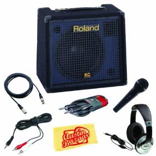 Roland KC 150 4 Channel 65 Watt Stereo Mixing Keyboard Amplifier Bundle with Microphone, 20 Foot XLR Cable, 20 Foot Instrument Cable, 1/8 Inch to RCA Cable, Headphones, and Polishing Cloth: Musical Instruments