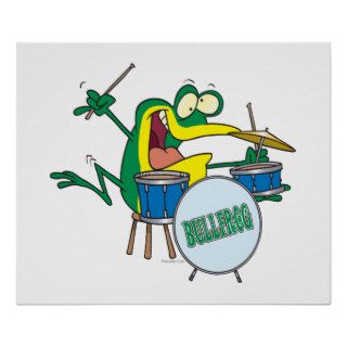 funny silly cartoon frog drummer cartoon poster