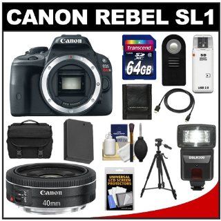 Canon EOS Rebel SL1 Digital SLR Camera Body with EF 40mm f/2.8 STM Lens + 64GB Card + Battery + Case + Flash + Remote + Tripod Kit  Digital Slr Camera Bundles  Camera & Photo