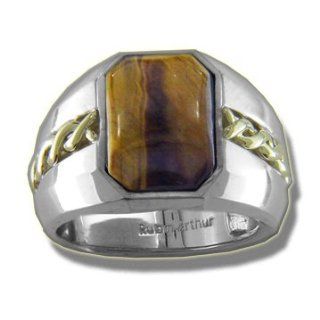 .005 ct Silver & 14K Green Gold Tiger Eye Mens Ring: Jewelry