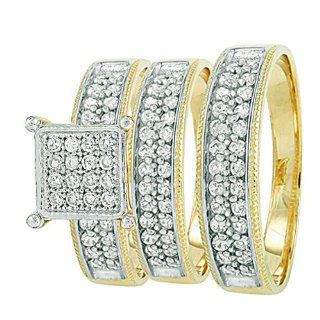 10k Yellow & White Gold Round Cubic Zirconia CZ Wedding Bridal Engagement Ring Trio Set: Jewelry