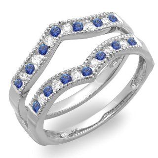 0.45 Carat (ctw) 14k White Gold White Diamond & Blue Sapphire Millgrain Wedding Guard Double Ring 1/2 CT: Jewelry