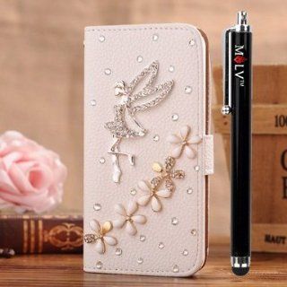 M LV HTC One M8 Leather Diamond Bling crystal Folio Support Smart Case Cover With Card Holder & Magnetic Flip Horizontals   Angel Lily Flower: Cell Phones & Accessories