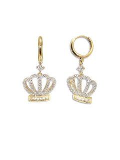 14k Yellow Gold, Crown Tiara Dangling Drop Earring Lab Created Gems: Jewelry