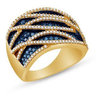 10K Yellow Gold Channel Set Round Brilliant Cut Blue and White Diamond Ladies Womens Fashion, Wedding Ring OR Anniversary Band (1.25 cttw.): Jewelry