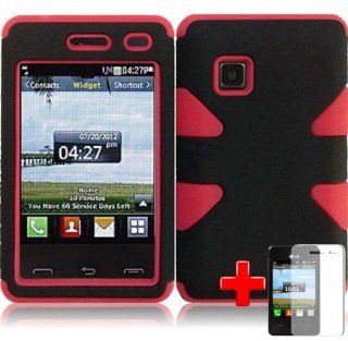 LG 840g (StraightTalk/Net 10/Tracfone) 2 Piece Silicon Soft Skin Hard Plastic "Cross" Case Cover, Red/Black + LCD Clear Screen Saver Protector: Cell Phones & Accessories