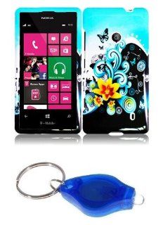 Yellow Flower and Butterfly on Baby Blue Design Shield Case + Atom LED Keychain Light for Nokia Lumia 521 / 520: Cell Phones & Accessories