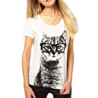 Little Hand Womens Scoop Neck Cat Printed Causal White T shirt Tops at  Womens Clothing store