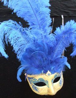 Blue Gold Feather Masquerade Mardi Gras Venetian Feather Mask: Toys & Games