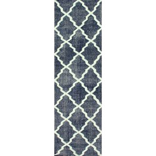 Nuloom Hand knotted Moroccan Trellis Navy Faux Silk / Wool Runner Rug (26 X 10)