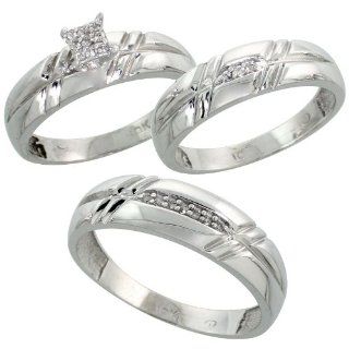 10k White Gold Diamond Trio Engagement Wedding Ring Set for Him and Her 3 piece 6 mm & 5.5 mm wide 0.12 cttw Brilliant Cut, ladies sizes 5   10, mens sizes 8   14: Wedding Bands: Jewelry