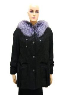 Women's Genuine Leather Coat with Silver Fox Fur Hood at  Womens Clothing store
