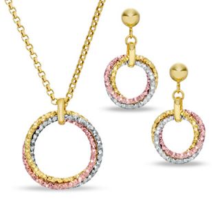 14K Tri Tone Gold and Sterling Silver Circle Pendant and Earrings Set