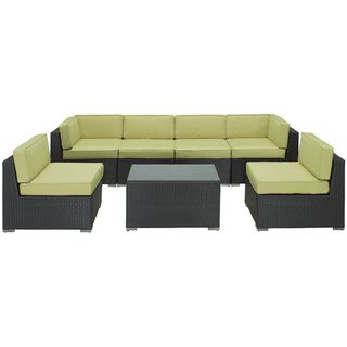 Aero Outdoor Wicker Patio 7 piece Sectional Sofa Set In Espresso With Peridot Cushions