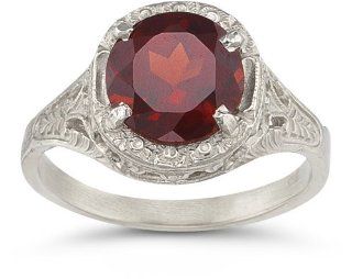 Vintage Floral Garnet Ring in 14K White Gold: Jewelry