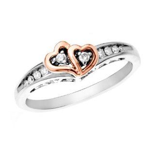 Sterling Silver rhodium plated rose gold 1/10 ct Round Cut Diamonds Double Heart Engagement Ring Size 5: Jewelry