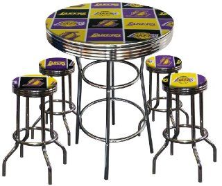 Shop Los Angeles Lakers Basketball Glass Top Chrome Bar Pub Table Set With 4 Swivel Bar Stools at the  Furniture Store. Find the latest styles with the lowest prices from The Furniture Cove