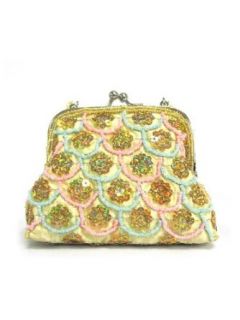Fish Scale Sequin Stitched Accessory Yellow Makeup Pouch with Kiss Lock Clasp & Beaded Handle: Clothing