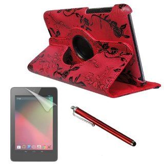 For GOOGLE NEXUS 7" (ASUS) FANCY PU Leather CASE COVER W/ Build in 360 Rotating Stand (DEEP RED) plus 2 SCREEN PROTECTORS and STYLUS. Microfiber Inner!!!: Computers & Accessories