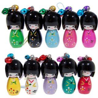 Cute Japanese Wooden Figure Geisha Doll Cell Phone Charm (10 pack): Cell Phones & Accessories