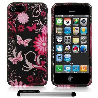 Pink Butterfly Flying Tonight Artistic Image Design Apple iPhone 5 Snap On (New 4G LTE for All Carrier) Hard Case + Free 1 Garnet House New 4"L Silver Stylus Touch Screen Pen: Cell Phones & Accessories