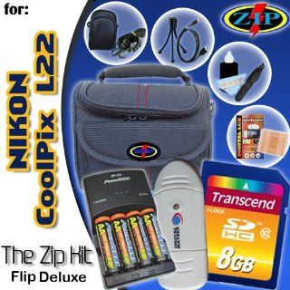 TheZipKit Flip Deluxe for Nikon CoolPix L22 Accessories pack includes: Transcend 8GB Class 10 SDHC. Deluxe Camera Case, Small leatherette case, Mini Tripod, 4 2900mAh batteries & Charger, USB Card Reader, LCD Film, Deluxe Lens cleaning kit and more. : 