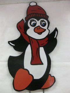 Unique Christmas Lawn Art Figure Small Penguin Wearing A Red Hat & Scarf Handcrafted & Painted With Great Detail Metal Stakes And Wall Mount Included : Outdoor Statues : Patio, Lawn & Garden