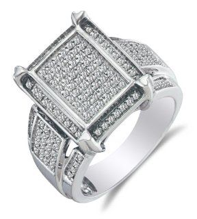 .925 Sterling Silver Plated in White Gold Rhodium Diamond Engagement OR Fashion Right Hand Ring Band   Emerald Shape Center Setting w/ Micro Pave Set Round Diamonds   (.45 cttw): Jewelry