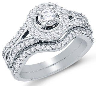 14K White Gold Round Brilliant Cut Diamond Bridal Engagement Ring and Matching Wedding Band Two 2 Ring Set   Halo Prong Set Center with Channel Set Side Stones   Classic Traditional Solitaire Shape Center Setting   (1.00 cttw.   .33ct. Center Stone): Jewel