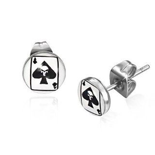 E636 E636 7mm Stainless Steel Skull Ace of Spades Playing Card Circle Stud Earrings: Mission: Jewelry