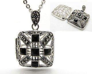 Genuine Marcasite and Black Onyx Square Sterling Silver Aromatherapy Scent Locket Pendant with 20" Cable Chain Necklace: Jewelry