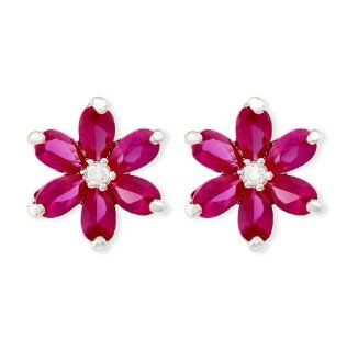 JanKuo Jewelry Silver Tone Ruby CZ Flowers with Six Oval Petals July Birthstone Stud Earrings with Gift Box: Jewelry
