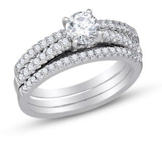 14K White Gold Three 3 Rings Prong Set Round Brilliant Cut Diamond Bridal Engagement Ring w/ Matching Wedding Band & Anniversary Ring Three 3 Ring Set   Classic Traditional Solitaire Shape Center Setting   (1.00 cttw.   .50ct. Center Stone): Jewelry